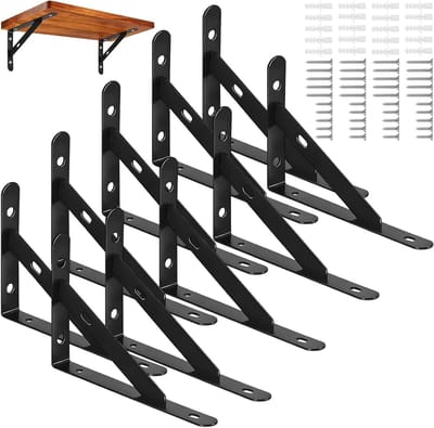 Set van 10 Wandplanken 150 x 95 mm met Schroeven en 90 Graden Metalen Beugels, Stevige Hoekplanken voor Woonkamer, Slaapkamer en Boekenkast (Zwart)