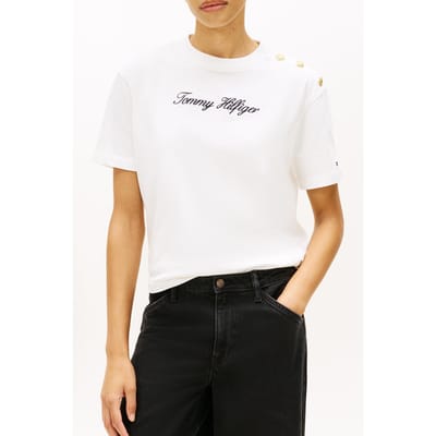 Tommy Hilfiger Gold-tone Button Logo Embroidery Relaxed T-shirt Ecru Taglia: XS | Maglie Sportivi Outlet | Donna | Marrone
