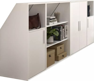 Vente-unique Meubel voor onder een schuin dak met 4 deurtjes, 2 planken en 2 nissen - Wit - ADEZIO L 278.8 cm x H 110 cm x D 50 cm