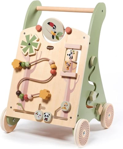 Houten Loopwagen - Activiteitenwagen Kinderen - Motorische Ontwikkeling - 12 Interactieve Spellen - 45.5 cm Hoog - Natuurlijk Design