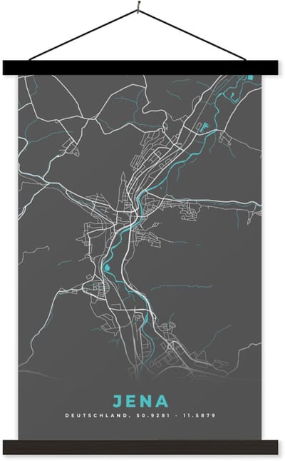 Posterhanger incl. Poster 60x90 cm - Schoolplaat - Stadskaart – Kaart – Jena – Blauw – Duitsland – Plattegrond - Textielposter - Zwarte latten - Stadskaart