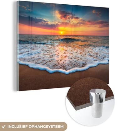 MuchoWow® Glasschilderij 160x120 cm - Schilderij acrylglas - Strand - Zee - Zonsondergang - Foto op glas - Muurdecoratie woonkamer - Wanddecoratie slaapkamer - Schilderijen
