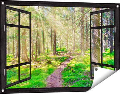 Gards Tuinposter Doorkijk Pad in Bos met Zon tussen de Bomen - 90x60 cm - Tuindoek - Tuindecoratie - Wanddecoratie buiten - Tuinschilderij
