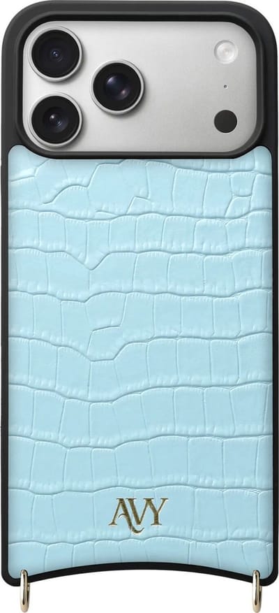 AVY Leren Hoesje geschikt voor Apple iPhone 17 Pro Max | Compatibel met MagSafe | Leather Case | Back Cover | Haakjes voor koord | Croco Blauw