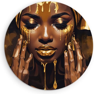 Saammp Muurcirkel Hout - Afrikaanse Vrouw met druipend goud - abstract - Ø 90 - Wandcirkel - Wanddecoratie Cirkel - Muurdecoratie Woonkamer - Slaapkamer decoratie - Rond Schilderij