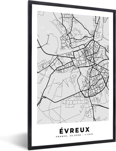 Fotolijst incl. Poster - Stadskaart – Frankrijk – Kaart – Évreux – Plattegrond - 40x60 cm - Posterlijst