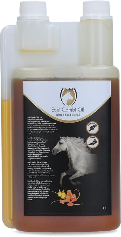 Excellent Equi Combi Olie Voermiddel – 1 Liter - Zalmolie en Levertraan – Bevat Omega 3-vetzuren en Vitamine A en D – Ondersteunt gezondheid – Geschikt voor Paarden en Pony’s