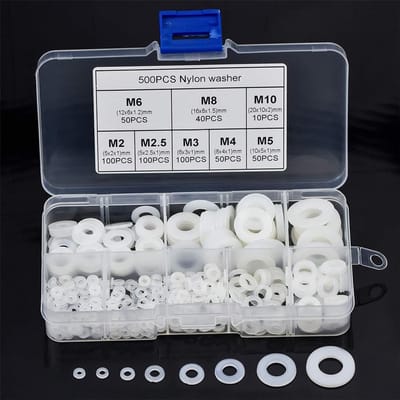 Dailygoods- Sluitringen 500 stuks - Kunststof set M2-M10 - Platte sluitringen - Corrosiebestendig - Hoogwaardige PA66-nylon - Geluidsarm en lichtgewicht - Onderleggers