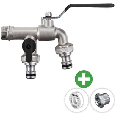 Deltaline - Buitenkraan - Dubbele kraan ½ inch - 2x ¾ inch gardena uitgang - Vorstbestendige Kogelkraan Zwart - Vorstbestendig - Incl. PTFE tape & Extra RVS verloopring ½ x ¾ inch