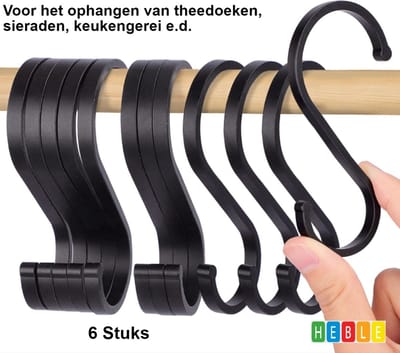 *** 12x Groot Zwart Set Hangers voor Keuken, Garage, Kantoor - Asymmetrisch S-Haak Design - van Heble® ***