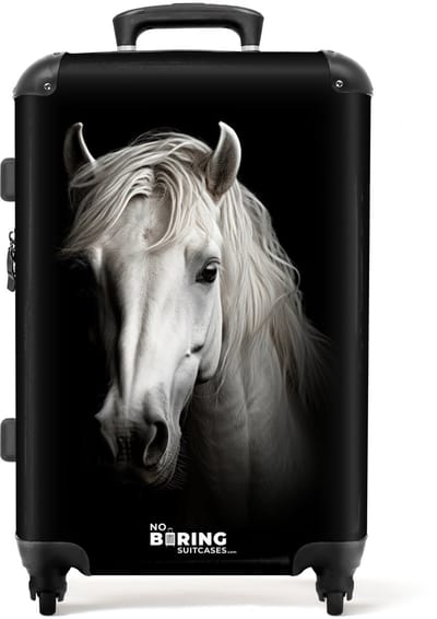 NoBoringSuitcases.com® - Koffer groot - Rolkoffer lichtgewicht - Wit paardenportret op zwarte achtergrond - Reiskoffer met 4 wielen - Grote trolley XL - 20 kg bagage