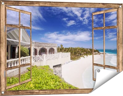 Gards Tuinposter Doorkijk Het Strandhuis - 90x60 cm - Tuindoek - Tuindecoratie - Wanddecoratie buiten - Tuinschilderij