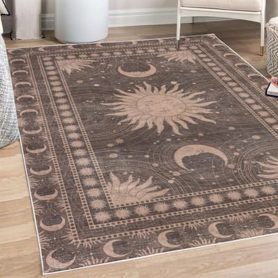 ABAKUHAUS Decoratief vloerkleed met zon en maan, hoogwaardig vloerkleed voor slaapkamer en woonkamer, 69x114 cm, taupe