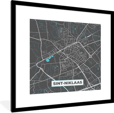 Fotolijst incl. Poster - België – Sint Niklaas – Stadskaart – Kaart – Blauw – Plattegrond - 40x40 cm - Posterlijst