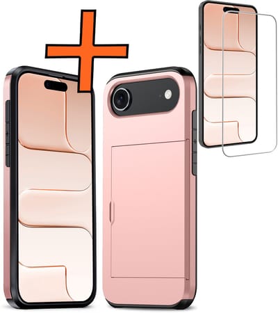 Hoesje Geschikt voor iPhone Air Hoesje Pasjeshouder Shockproof Hard Case Met Screenprotector - Hoesje Geschikt voor iPhone Air Hoes Met Kaarthouder - Rosé goud