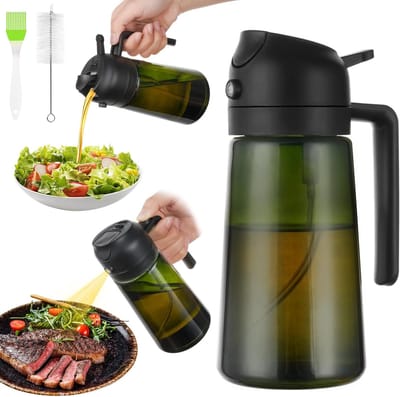 Famanu – Oliedispenser en oliespray 2-in-1, 470 ml, BPA-vrij met lichtbescherming, geschikt voor salade en airfryer (zwart)