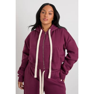 boohoo Dames Plus contrast trekkoord boxy crop hoodie | Bordeaux Rood | Maat: 50