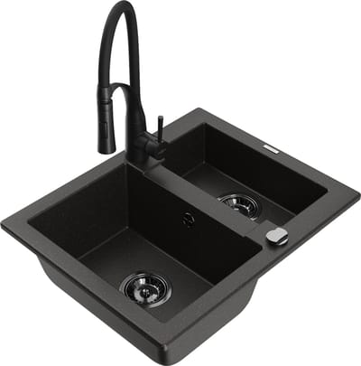Mexen Carlos granieten spoelbak 1,5-compleet met keukenmengkraan Aster, zwart/goud metallic - 6518-75-73450-70-B