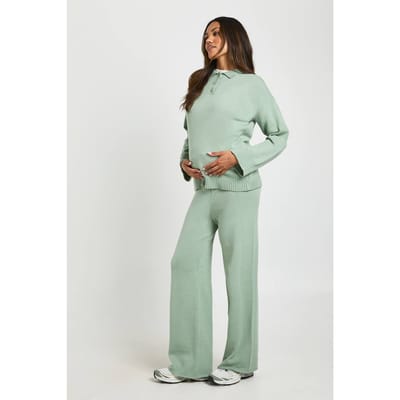 boohoo Dames Zwangerschaps Trui met Kraag en Knoopsluiting en Rechte Broek Co-Ord Set | Sage | Maat: Small