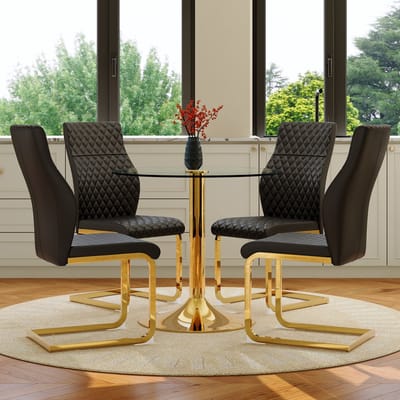 OKWISH Eettafelset 85 Cm - Ronde Glazen Tafel Met 4 Eetkamerstoelen - Modern Luxe - Metaal, Glas En Kunstleer - Zwart Goud