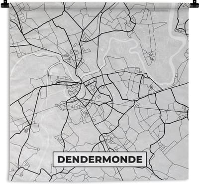 Wandkleed - Wanddoek - Zwart Wit – België – Plattegrond – Stadskaart – Kaart – Dendermonde - 180x180 cm - Wandtapijt