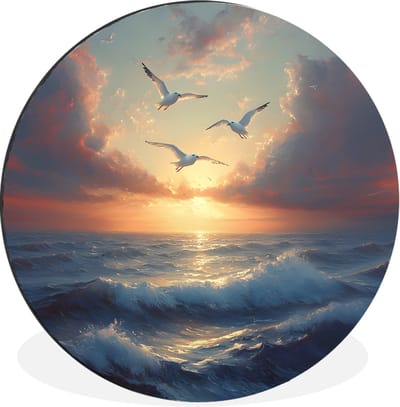 WallCircle - Wandcirkel - Muurcirkel - Meeuwen - Zonsondergang - Zee - Wolken - Aluminium - Dibond - 30x30 cm - Binnen en Buiten