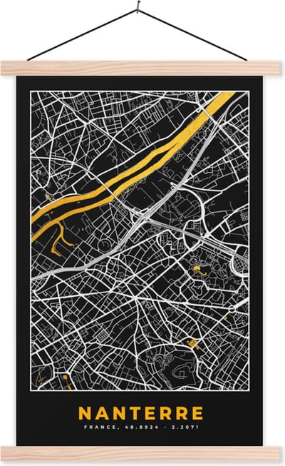 Posterhanger incl. Poster 40x60 cm - Schoolplaat - Stadskaart – Frankrijk – Kaart – Nanterre – Plattegrond - Textielposter - Blanke latten - Stadskaart