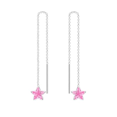 Joy|S - Zilveren ster (6 mm ) pull through oorbellen - kettinkje - zirkonia roze
