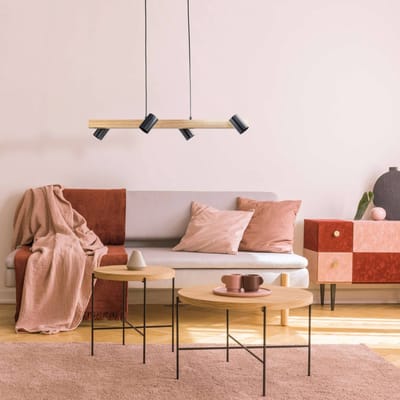 Näve Hanglamp Frida met vier spots, zwart/hout licht