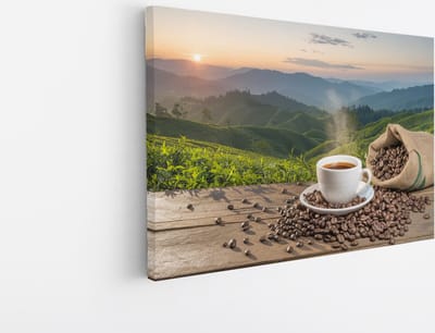 Saammp Canvas Schilderij - Kopje Koffie - Bonen - Landschap - 45x30 - Foto op canvas - Wanddecoratie - Muurdecoratie keuken - Slaapkamer decoratie - Canvas Print