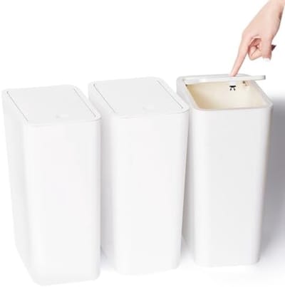 Set van 3 kleine vuilnisemmers met drukdeksel, 10 liter inhoud, smalle afvalbak voor badkamer, keuken, kantoor en slaapkamer - Wit