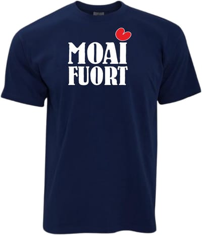 T- shirt navy met opdruk MOAI FUORT maat S ( Friese tekst, Friesland shirt ) van Shirtmakelaar