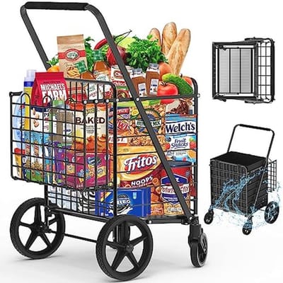 Opvouwbare Winkelwagen - Boodschappentrolley - Boodschappen Vervoeren - Extra Grote Dubbele Mand - 450 lbs Capaciteit - Zwart