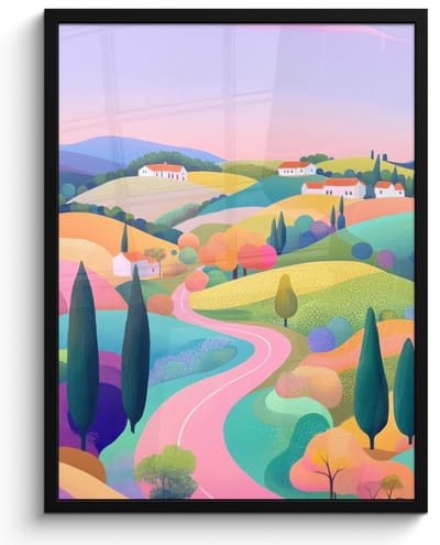 Poster in lijst - Fotolijst 50x70 cm - Posters - Landschap - Paars - Pastel - Huizen - Posterlijst zwart - Decoratie - Wanddecoratie woonkamer - Muurdecoratie slaapkamer