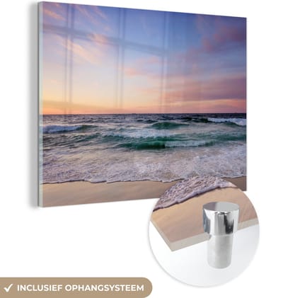 MuchoWow® Glasschilderij 120x90 cm - Schilderij acrylglas - Strand - Pastel - Kleuren - Foto op glas - Muurdecoratie woonkamer - Wanddecoratie slaapkamer - Schilderijen