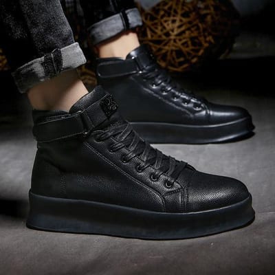 Herfst Heren Enkellaarsjes Hoog Uitgesneden Effen Sneakers Vetersluiting Motorlaarzen Platform Skateboard Sport Trainers Schoenen Nachtclub Schoenen 44 zwart