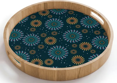 Dienblad rond 40x40 cm - Schootdienblad hout - Blauw - Patroon - Retro - Borrelplank rechthoek - Plateau houten dienbladen