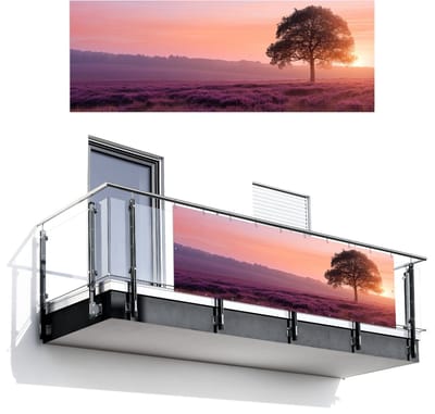 Balkonscherm 300x110 cm - Balkonposter Boom - Heide - Zonsopgang - Balkon scherm decoratie - Balkonschermen - Balkondoek zonnescherm