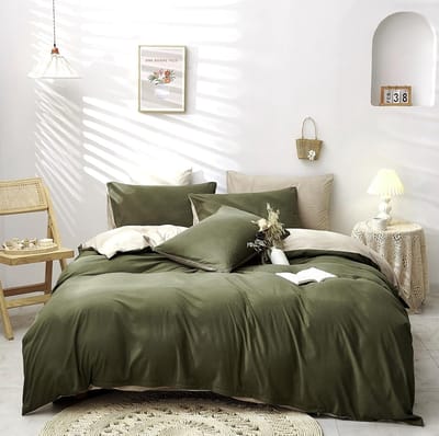 Famanu - Groen beddengoed, 155 x 220 cm, olijfgroen, beige, effen dekbedovertrek, superzacht, microvezel, 2-delige dekbedovertrekset met verborgen ritssluiting en kussensloop 80 x 80 cm