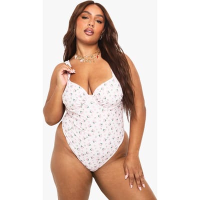 boohoo Dames Plus Zwemkleding Essentials Ditsy Floral Gerafeld Met Beugelde Cupjes Badpak | Pink | Maat: 26