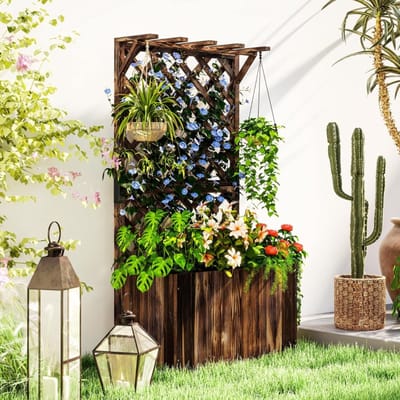 REDOM - Verhoogde Plantenbak Met Klimrek En Hangend Dak - Hout - Houtskoolkleur - 64 X 33 X 122 Cm