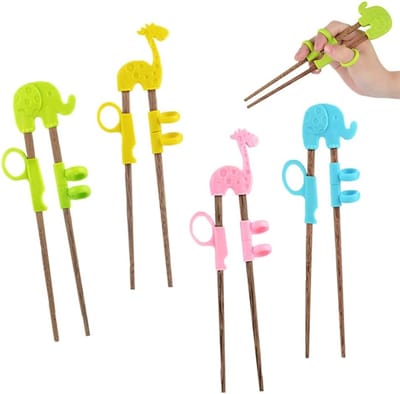 Trainingstokjes voor Kinderen, 4 Paar Herbruikbare Leerstokken voor Eten, Dierenontwerp met Olifant en Giraffe, Perfect voor Kinderen en Eettraining