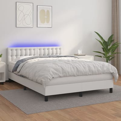 vidaXL - Boxspring - met - matras - en - LED - kunstleer - wit - 140x200 - cm