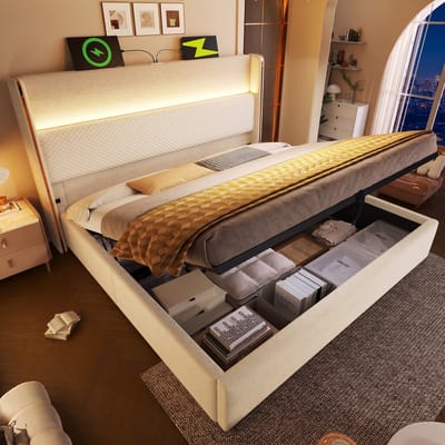 VVBV Gestoffeerd Opbergbed 180x200 cm - LED, USB-C, Hydraulische Opbergruimte, Glijbaan, Linnen, Massief Hout, Zonder - 345B