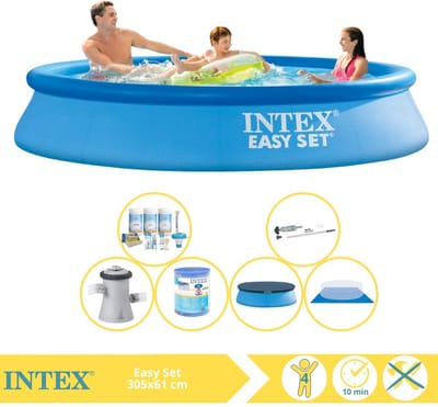 Intex Rond Opblaasbaar Easy Set Zwembad - 305 x 61 cm - Blauw - Inclusief Pomp - Afdekzeil - Onderhoudspakket - Filter - Grondzeil - Stofzuiger - 7-delig