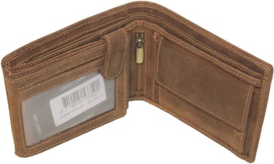 Oi Hunter bruine leren billfold met extra rits vak voor biljetten / lederen herenportemonnee met 3 vakken voor papier geld / klassieke herenbeurs met extra rits / Skim veilig / bruin leer / 351H