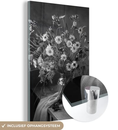 MuchoWow® Glasschilderij 120x180 cm - Schilderij acrylglas - Boeket - Bloemen - Olieverf - Stilleven - Zwart - Wit - Foto op glas - Muurdecoratie woonkamer - Wanddecoratie slaapkamer - Schilderijen