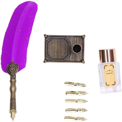 Verenpen Strooi Goud Luxe Vintage Stijlveerpen met Basis Penpunten Inktflesje voor Kalligrafie Cadeau Purple