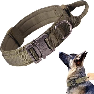Tactische hondenhalsband, verstelbaar, nylon halsband met metalen gesp, slijtvast, tactische outdoorhalsband met controlegreep voor middelgrote honden (XL, Militair Groen)