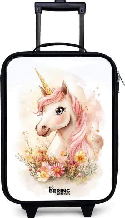 NoBoringSuitcases.com® - Kinderkoffer jongen - Kindertrolley meisje - Eenhoorn met roze manen tussen pastelbloemen - Koffer kind lichtgewicht - Reiskoffer trolley voor kinderen - Koffertje met lichtgevende wieltjes - Rolkoffer zwart